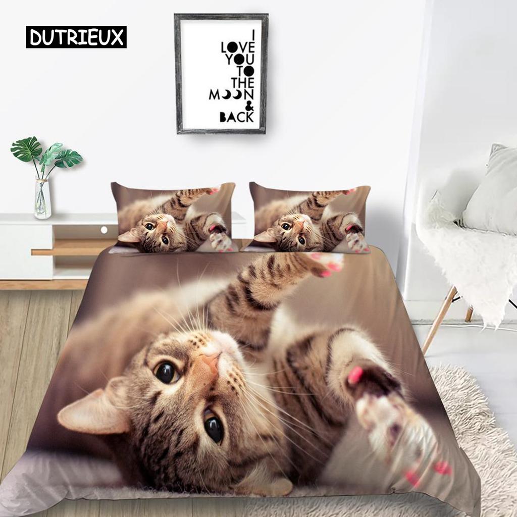 Cat Duvet Cover Set King Size Microfiber Cute Animal Print Girl Teen Kid Comforter Cover Lovely Kitty Series Pattern Bedding Set