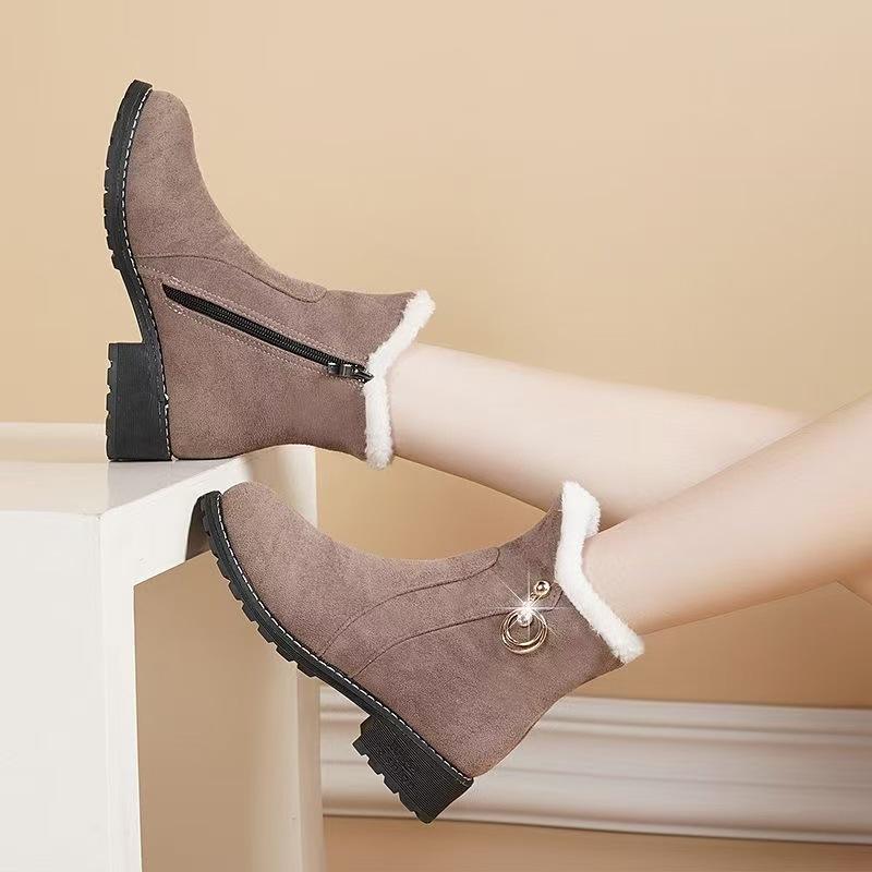 Fall Winter Women's Winter Boots Fur Lined Side Zip Snow Boot Anti Slip Low Heel Ankle Boot