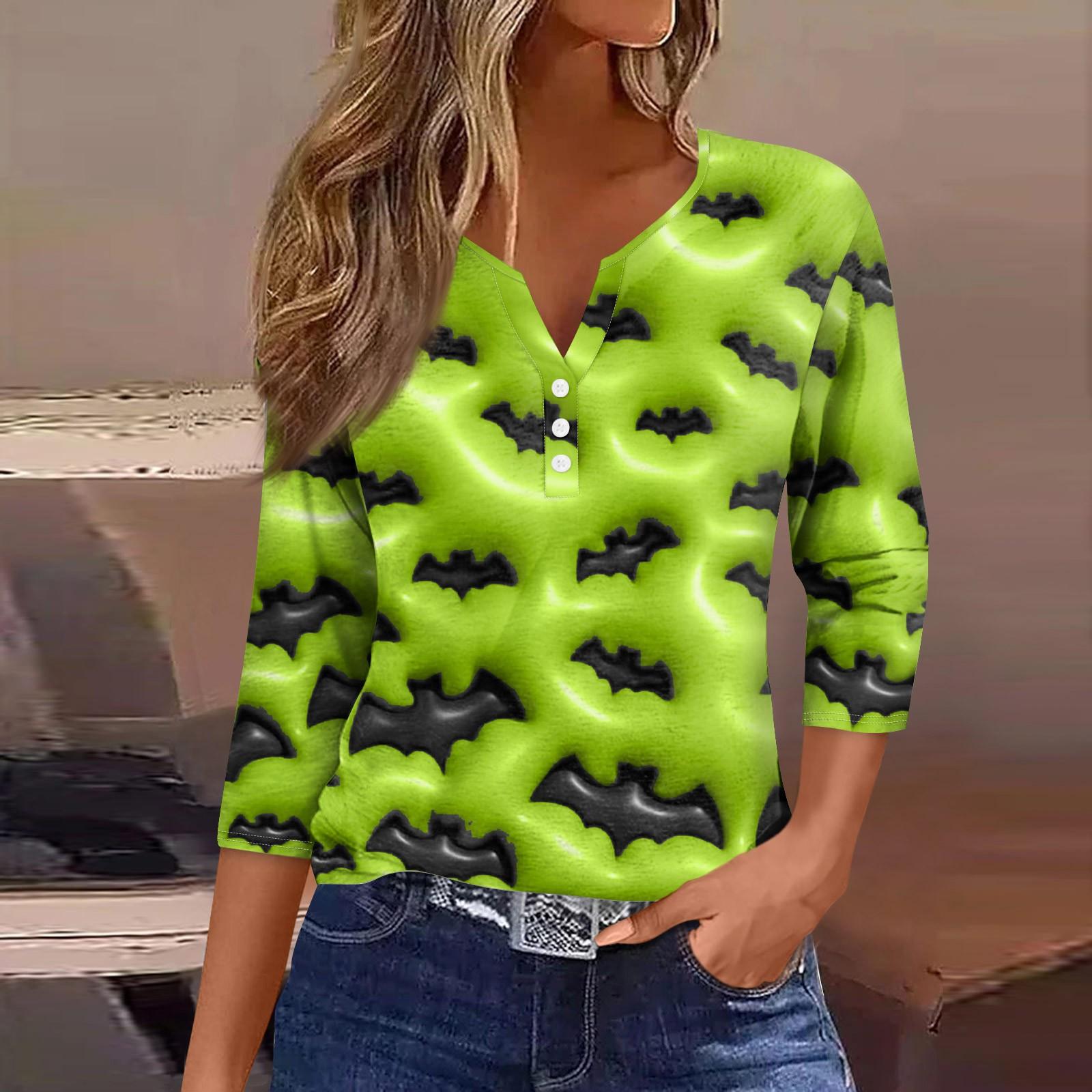 

Women s V-Neck Button Halloween Three-quarter Sleeve T-Shirt Top XXL