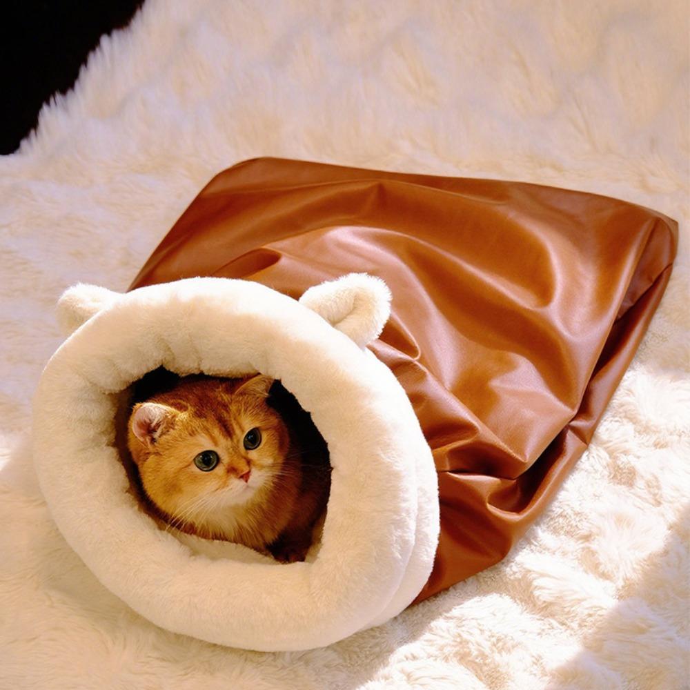 Fluff Pocket Shape Warm Cat Sleeping Bag Comfortable Winter Pet Bed Semi-Enclosed Self-Warming Puppy Cave Winter