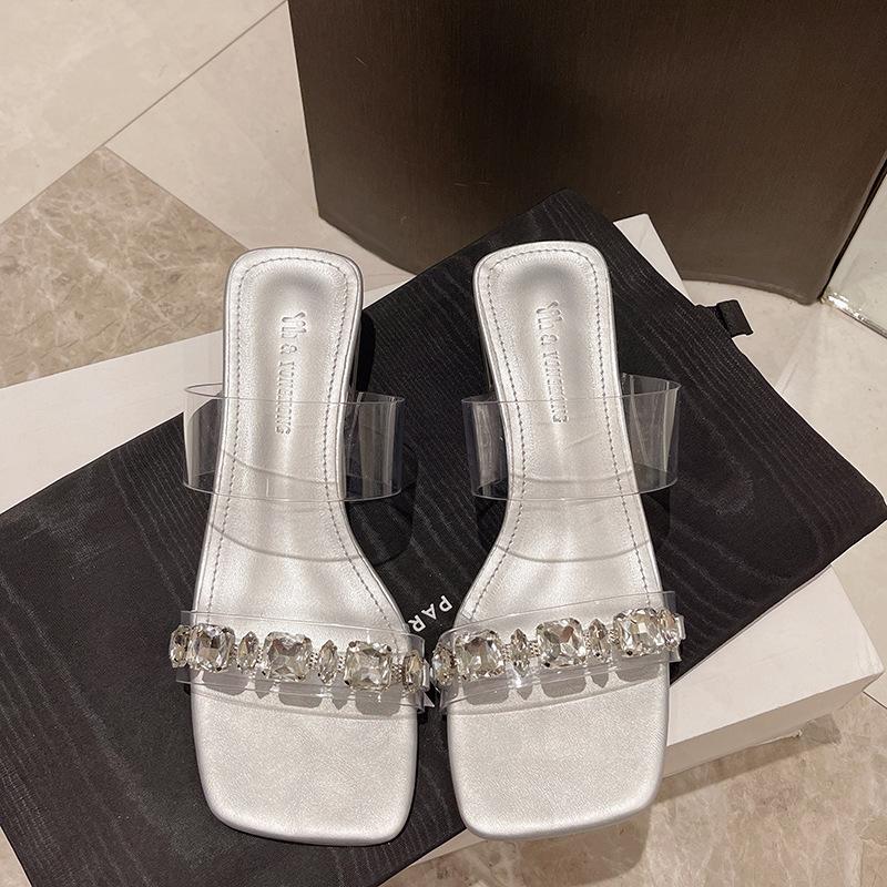 Fairy Feng Shui Diamond Slippers Female Summer Wear Fashion High Sense Transparent Word with Medium Heel Thick Heel Crystal Sandals