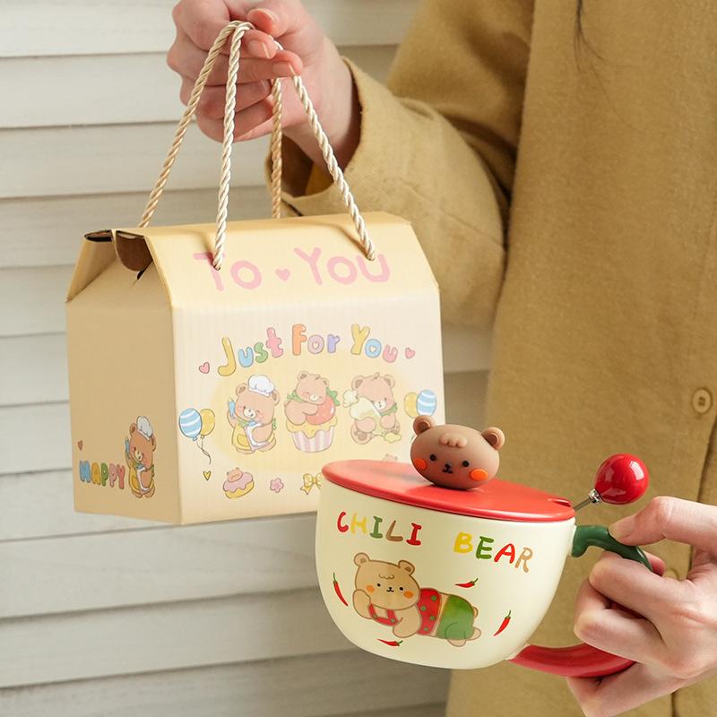 Cute And High-Value Bear Ceramic Cup With Lid And Spoon, Home Office Couple Water Cup Girl Gift