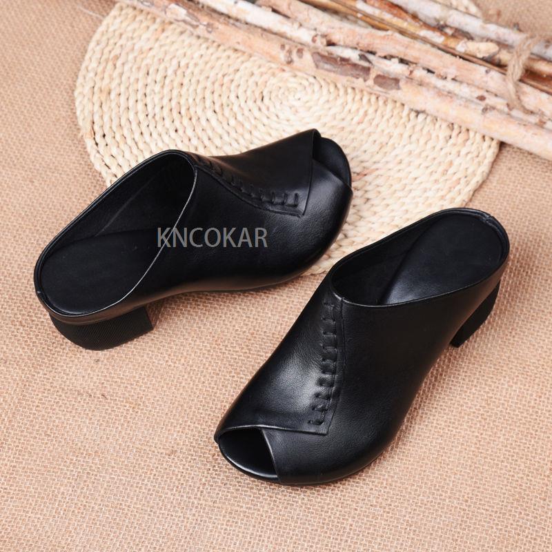 Thick-heeled Soft Leather Outer Slippers Fish Mouth Comfortable Versatile Mid-heeled Women Sandals Women's Mother's Shoes Women