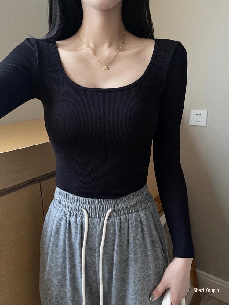 Korean Style Slim Fit Square Neck Brushed Velvet T-Shirt with Chest Pads for Autumn and Winter