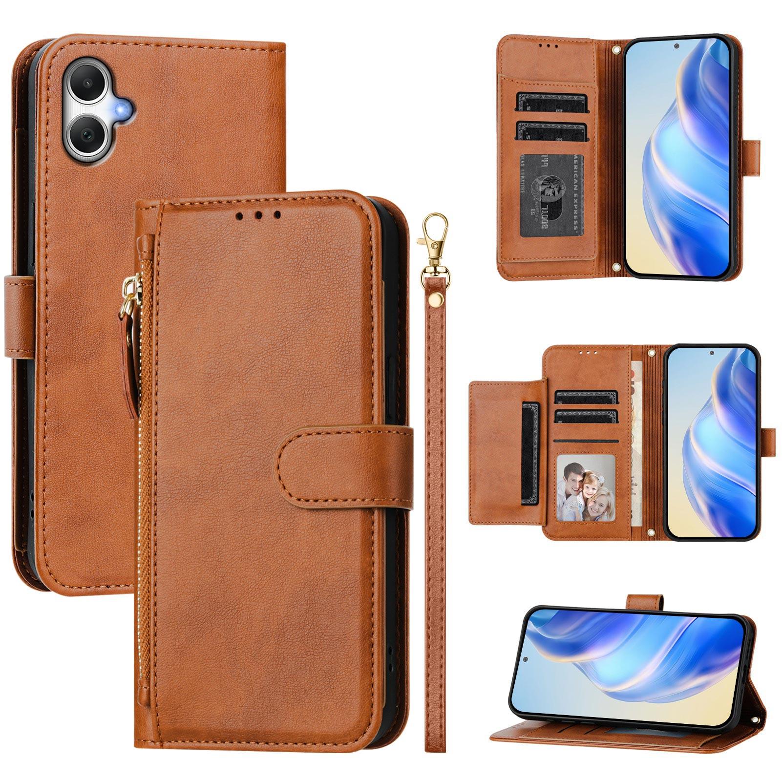 

For Samsung Galaxy A06 4G Case Zipper Pocket Multiple Card Slots Leather Phone Cover Brown