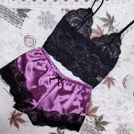 2 Pcs/Set Lady Pajamas Satin Bow Sleeveless Crop Top See-Through Lace Patchwork