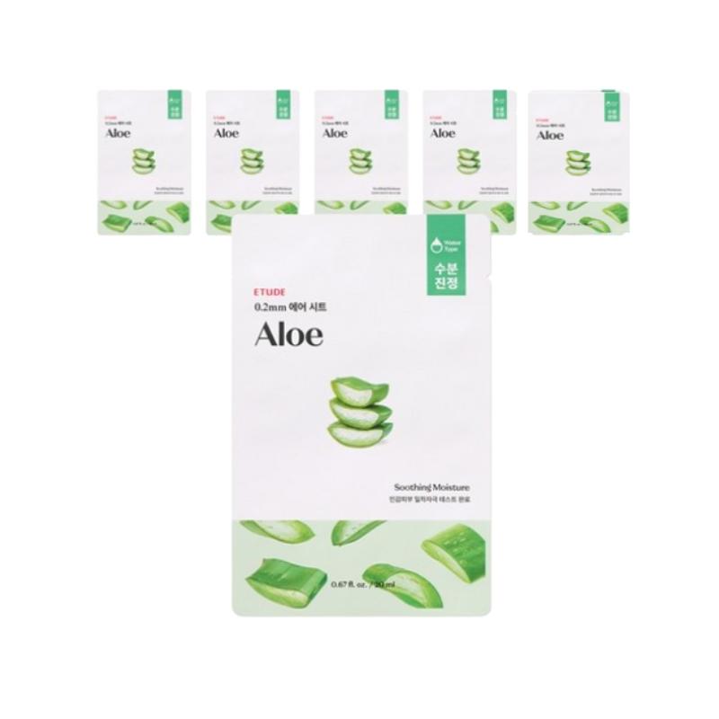 ETUDE 0.2 Therapy Air Mask Aloe 20ml × 6 Sheets – Water Type Essence, Lightweight Hydrating Soothing Mask for Fresh Moisture Care 6 Sheets