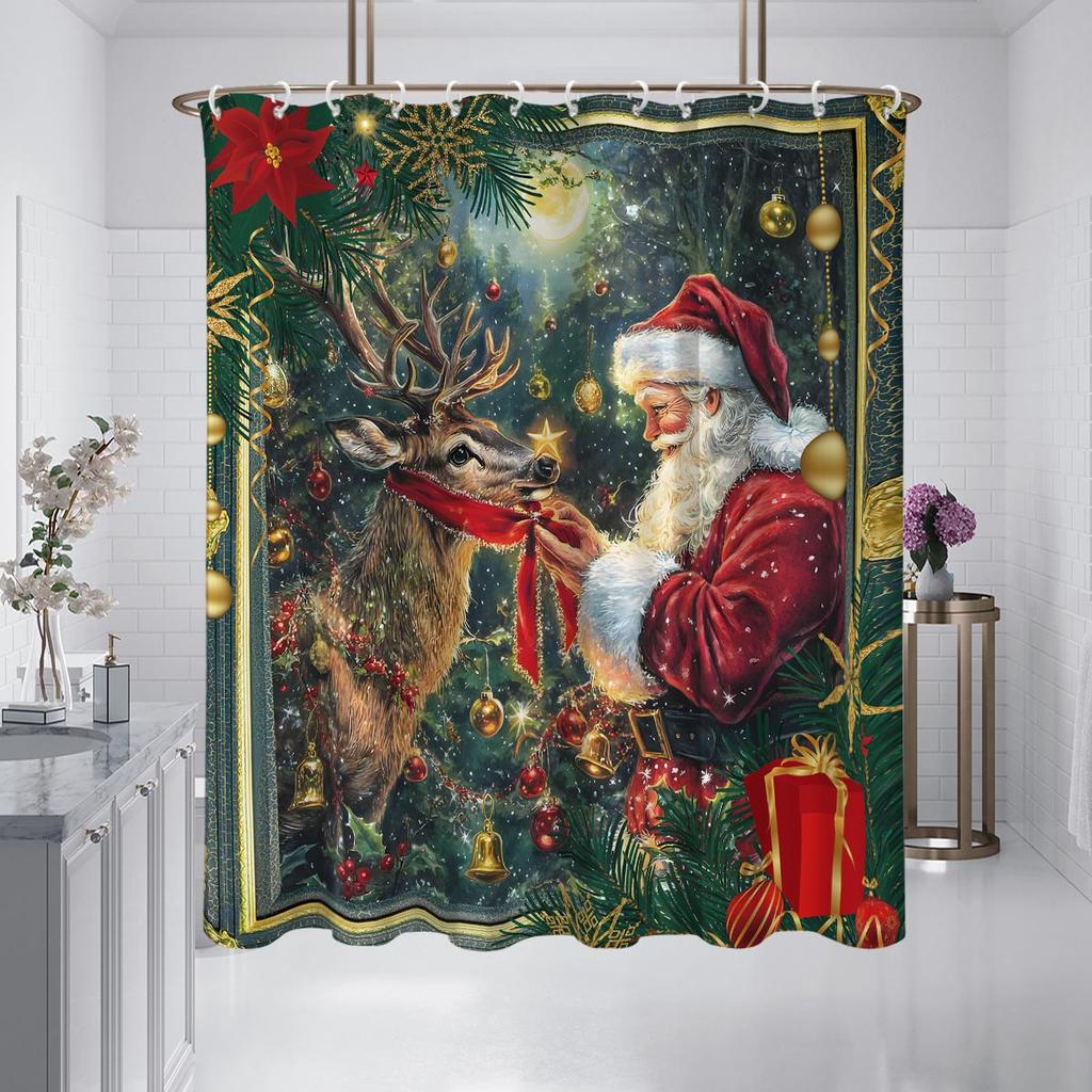 1pc Merry Christmas Print Waterproof Shower Partition Curtain Multi Size Privacy Protection with 12 Hooks Easy Installation