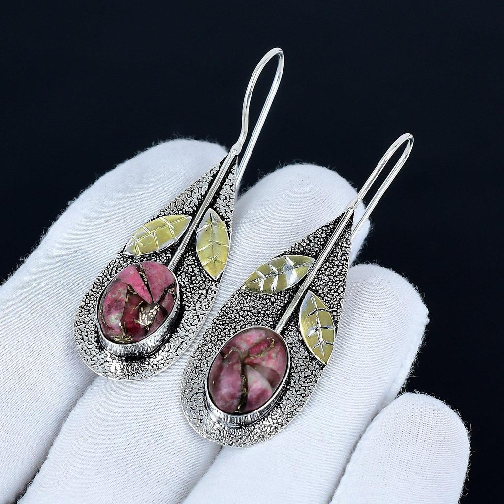 Copper Rhodochrosite Gemstone Earrings, 925 Sterling Silver Earrings, Handmade Silver Earrings For Gift, Rhodochrosite Dangle Earrings Party Wear Gift