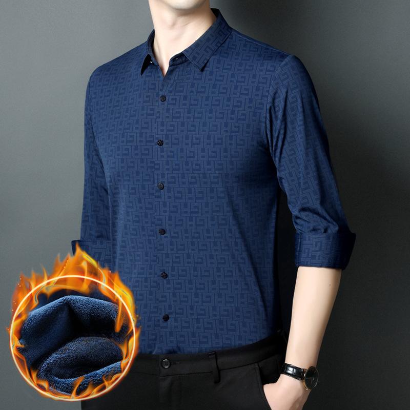 Mittelalterliches Langarmhemd für Herren, Herbst und Winter Neu Business Casual Karo Mode Samthemd