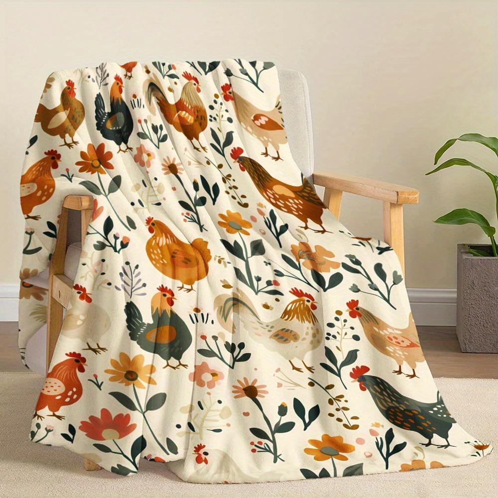 1pc Chicken Element Blanket, Vintage Illustration Style, Chickens On The Farm, Flowers, Plants, Animals, Birds, Soft And Warm Pr