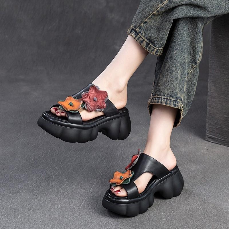 Zapatillas de cuero genuino a la moda con suela gruesa y punta abierta para exteriores, zapatos de plataforma para mujer