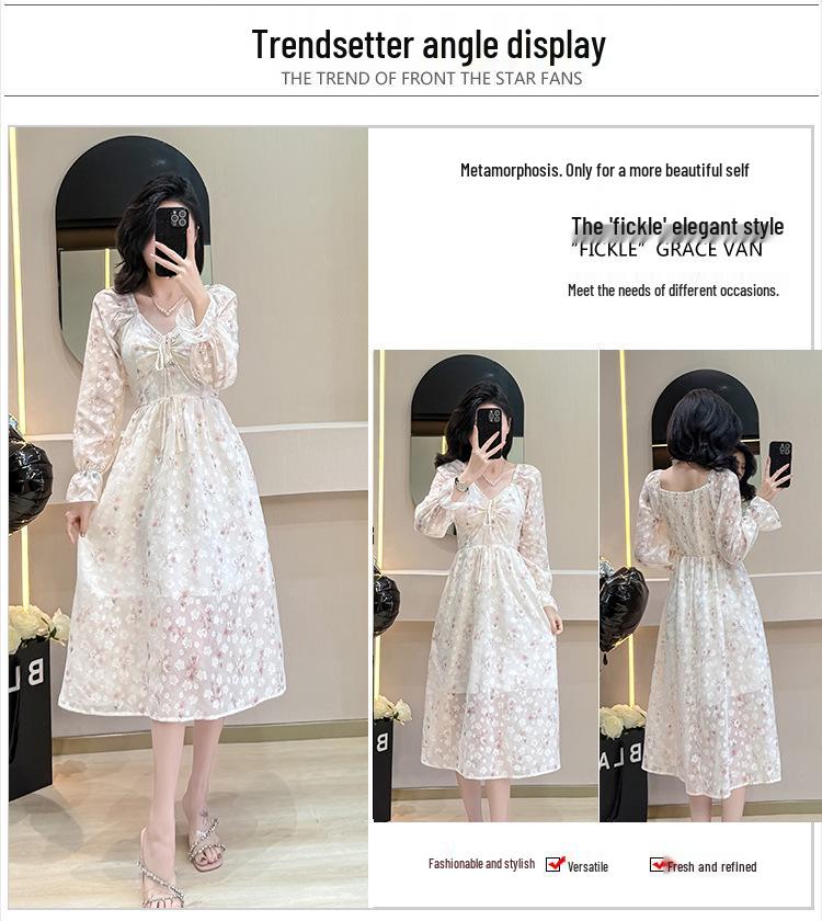 Frühlings-Chiffonkleid mit französischem Kragen, Carmenausschnitt, Rüschenärmeln und Jacquardmuster.