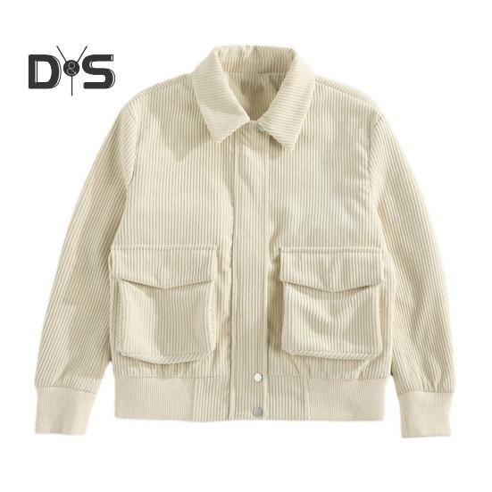 Men Corduroy Jacket Lapel Long Sleeve Flap Pockets Full Zipper Closure Solid Color Jacket Casual Outerwear
