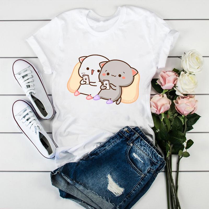 Newly women tshirt cartoon funny cute peach cat print t shirt femme Harajuku kawaii summer tops tee shirt femme tumblr clothes