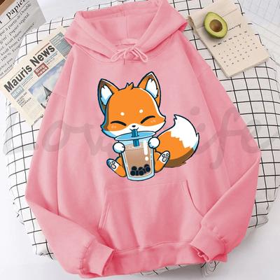 Boba Milk Tea Print Dámské Mikiny Oblečení v korejském stylu Kawaii Mikina Plus Size Roztomilý Kreslený Fox Grafický Dámský Streetwear