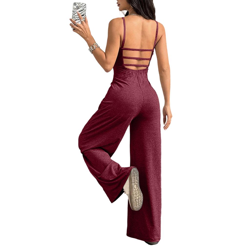 Women Sleeveless Wide Leg Jumpsuit with Square Neck and Adjustable Spaghetti Straps for Casual or Formal Wear