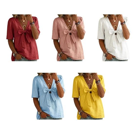 Women Shirt Pure Color Loose Fit Commuting Style Casual Tops Front Bowknot Decor Summer Pullover Tops