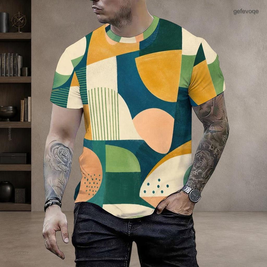 Men Plus Size Round Neck Short Sleeve T Shirt Abstract Geometric Printed Multicolor Casual Pullover