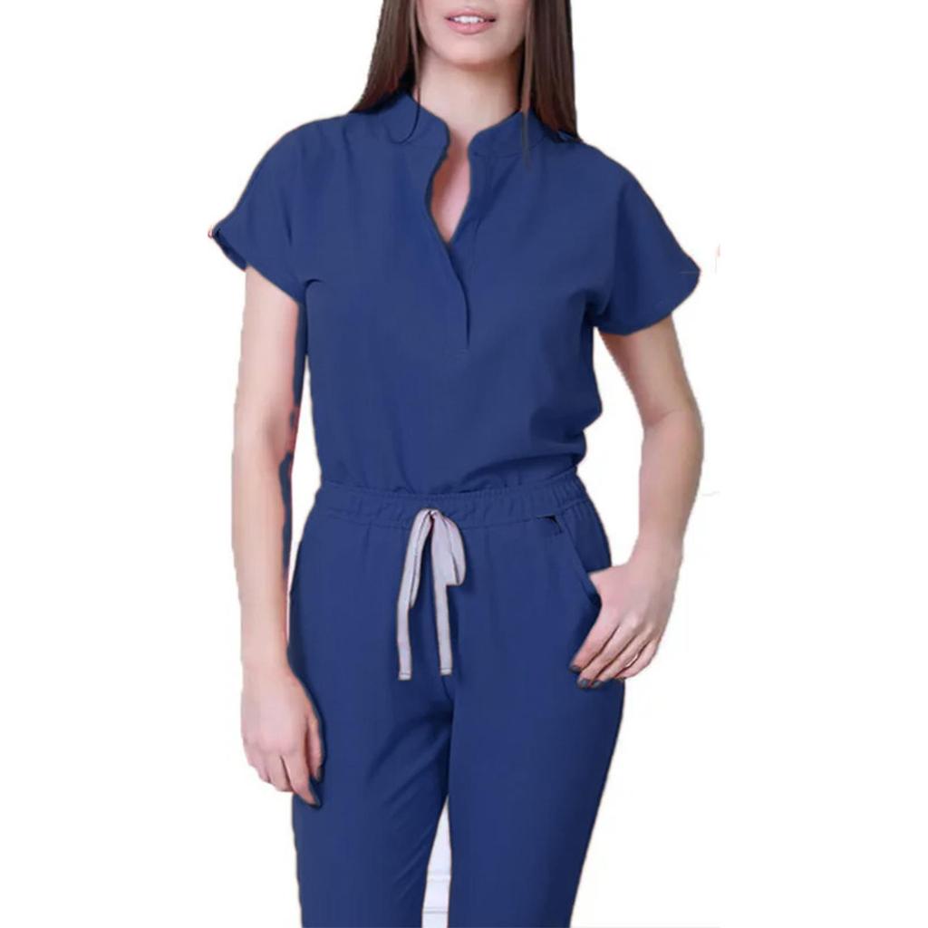 Damen Krankenschwester Overall Stehkragen Kurzarm Mehrfarbig Kordelzug Taille Mehrere Taschen Medizinischer Overall Gesundheitswesen Arbeitskleidung