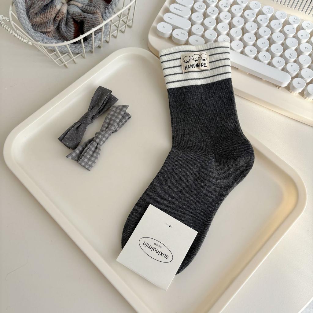 Ladies Autumn Cartoon Cute Dog Cloth Logo Striped Polka Dot Contrast Color Cotton Medium Tube Pile Socks