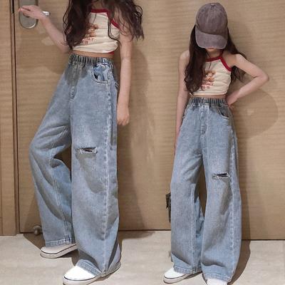 Jeans mit hoher Taille für Mädchen, gerade, lockere Hose mit weitem Bein, Frühling und Herbst, koreanische Baggy-Jeans, Mode für Kinder, Jeanshose