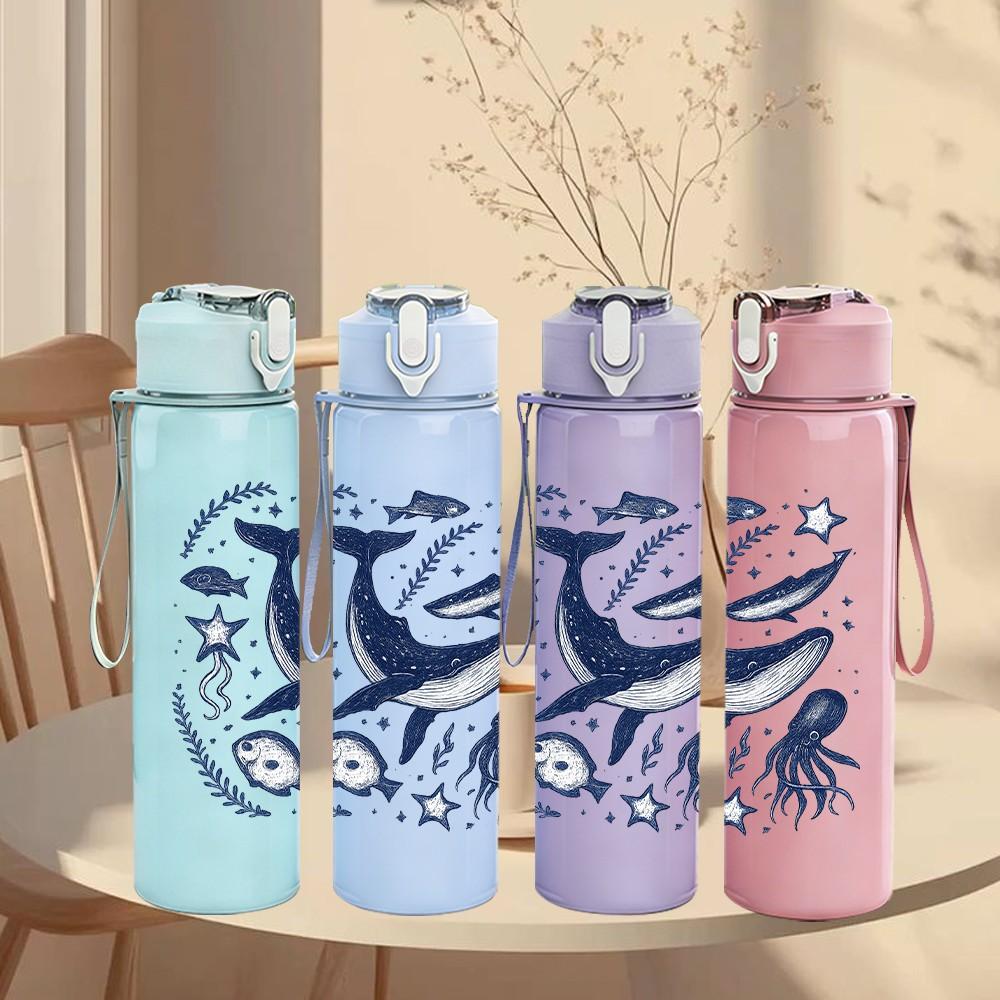 1 PZ Bottiglia d'Acqua Sportiva in Plastica Colorata con Motivo Balena Blu, Inchiostro Blu, 750ml, Ermetica, Tappo con Cannuccia a Flip, Adatta per Sport, Ufficio, Uso Domestico