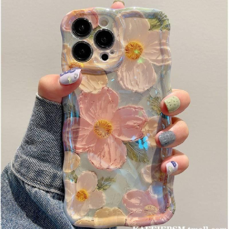 Floral Oil Paint Iphone 14 Pro Silicone Protector With Blue Light For Home Use