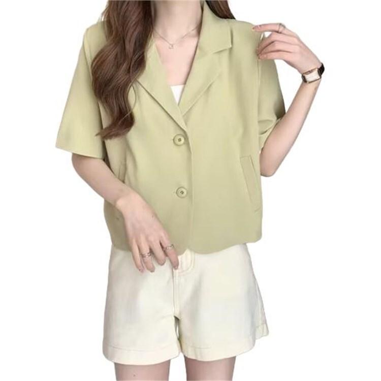 Women Summer Short Sleeve Lapel Loose Fit Business Suit Jacket with Pockets Solid Color