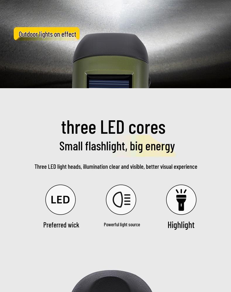 High-Brightness Emergency Flashlight with Long Battery Life and Solar Hand-Crank Charging