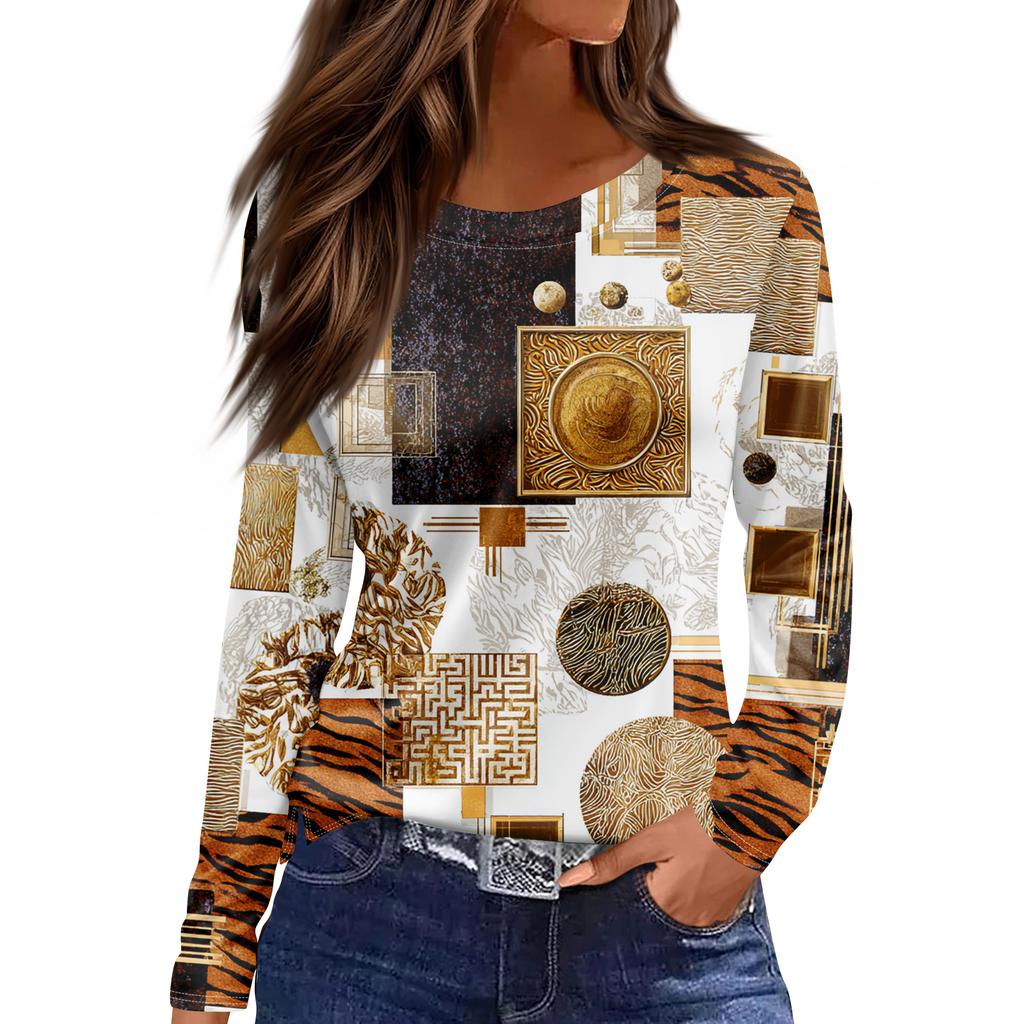 Women's Fashion Hem Slit Casual Retro Floral Print Round Neck Long Sleeve Top