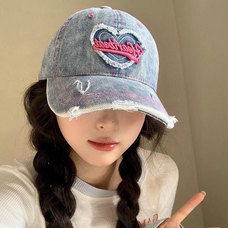 Casual Vintage Wash Denim Cap Women With Unique Distressed Look For Wear Daily