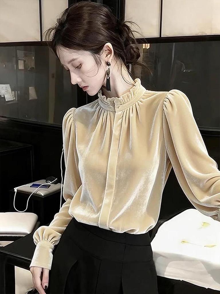 Women's French Velvet Shirt with Wood Ear Collar - Light Luxury, Casual, Loose, Slimming, Versatile Top for Autumn/Winter