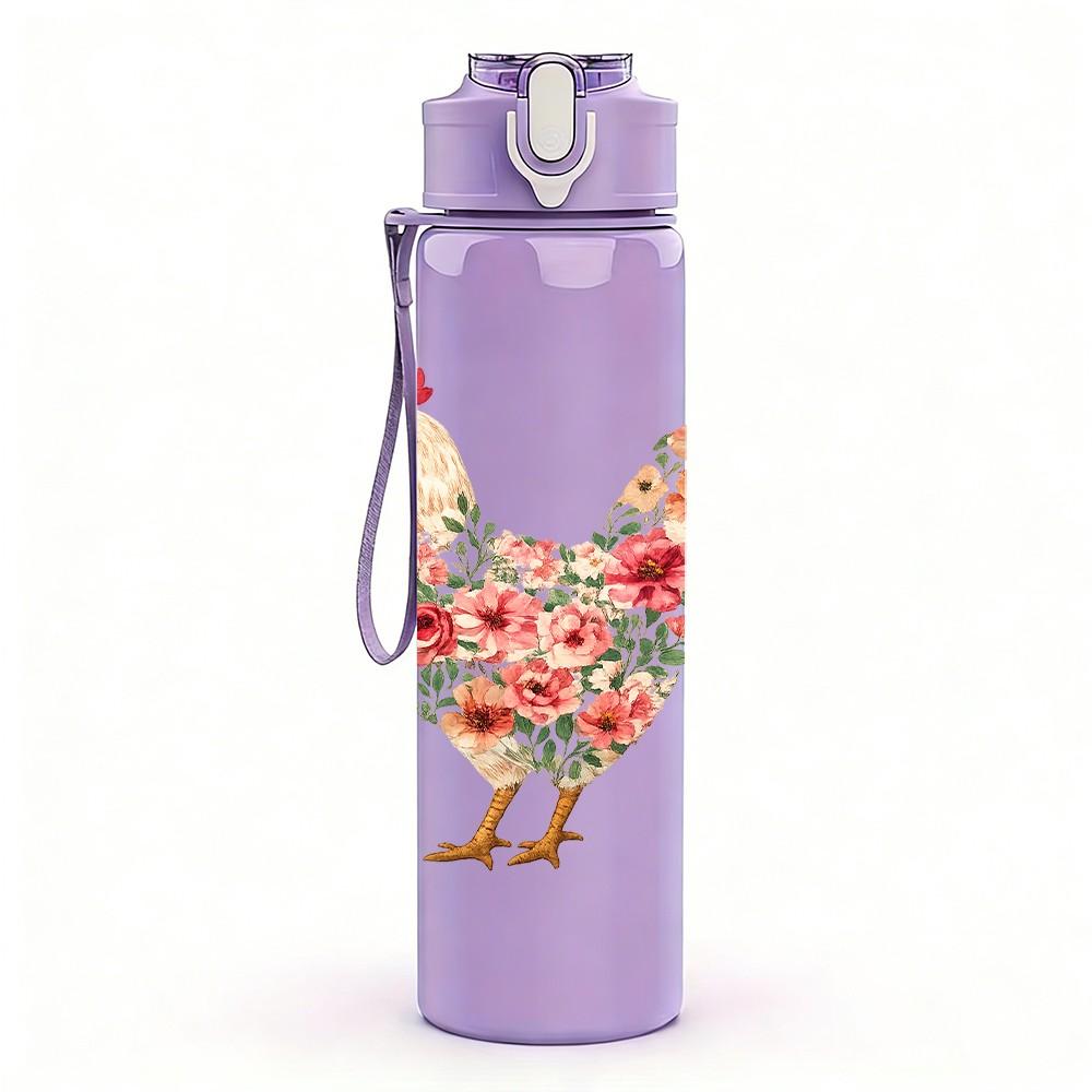 1PC Floral Rooster Chicken Art Print 750ml Color Plastic Sports Water Bottle Leakproof Flip Straw Lid Suitable for Sports Office Home Use