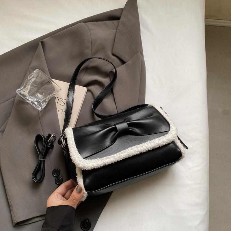 Vintage Burgundy Plush PU Splicing Crossbody Bag Autumn/Winter Women's Flip Bow Shoulder Bags Commuter Versatile Handbag