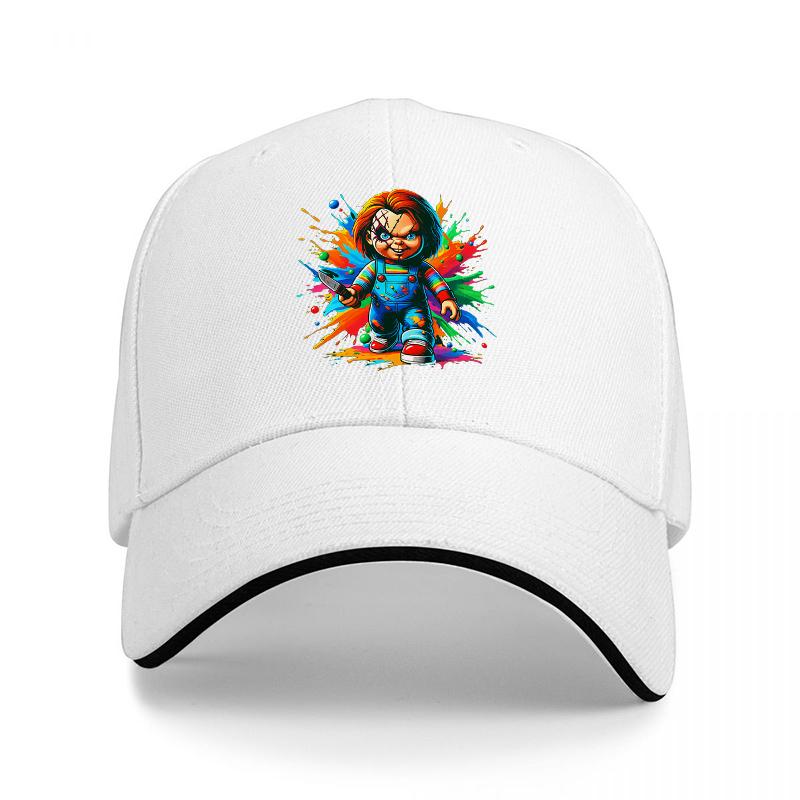 Chucky Horror Movie Character Baseball Cap Black Adjustable Hat with Colorful Splash Design for Fans of Classic Horror Films
