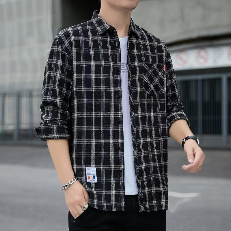 Fashion Men's Long-sleeved Shirt Spring and Fall Men's Plaid Shirt Square Collar Straight Youth Fashion Shirt