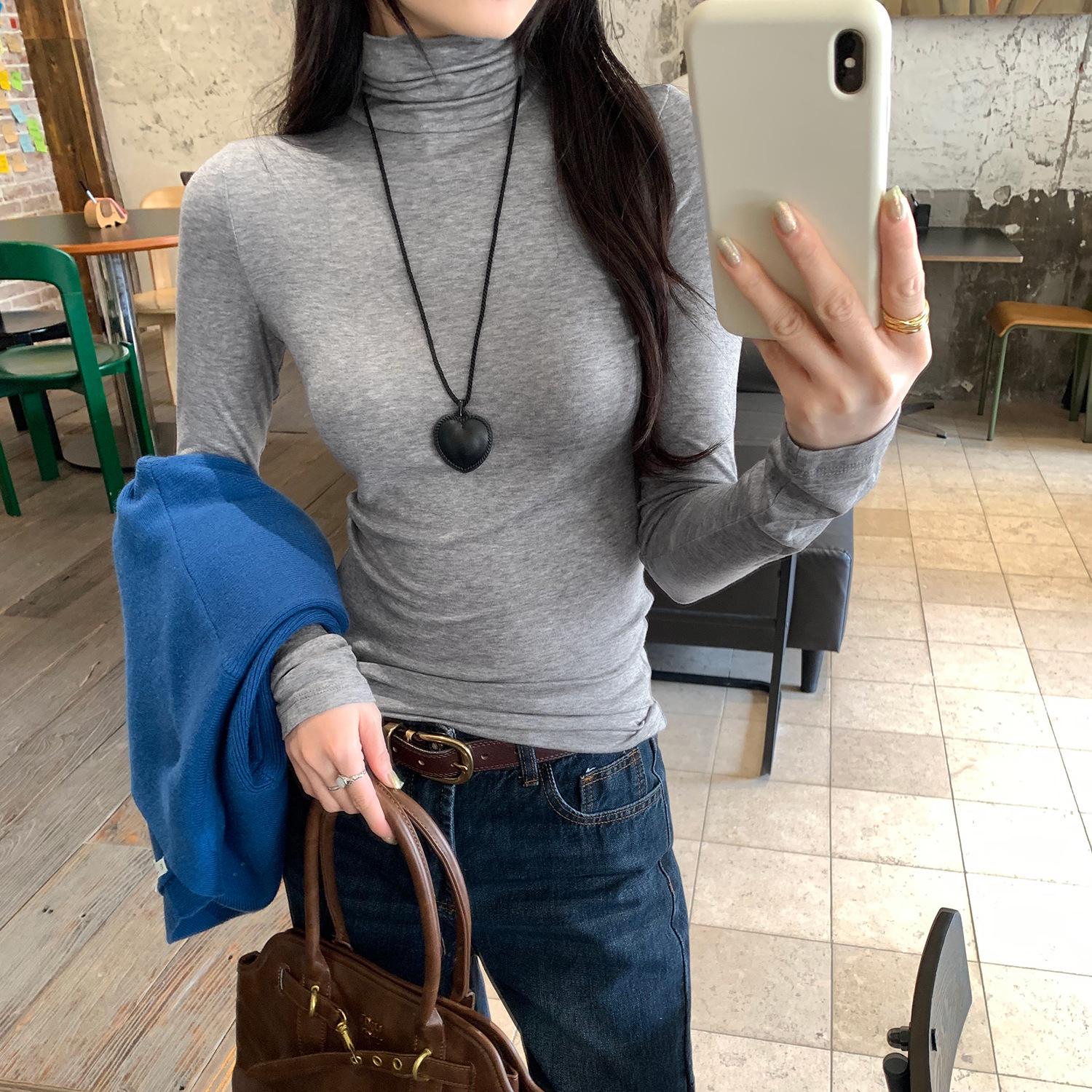

Women s Wool Tencel Slim Fit Long Sleeve High Collar Shirt - Autumn/Winter Korean Style Small