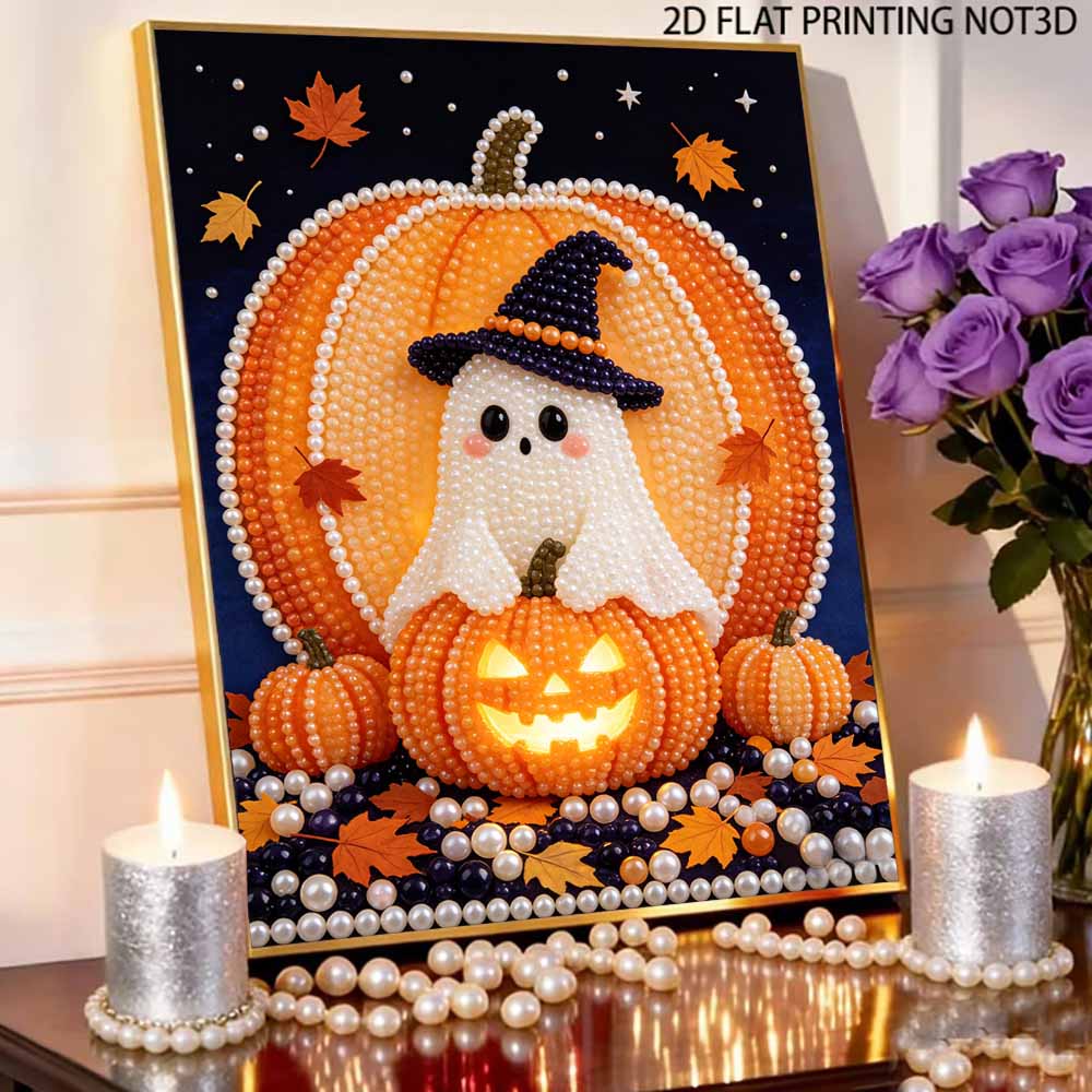 DIY Frameless Pearl Painting Kit Cute Ghost Pumpkin Pattern 3D Shiny Bead Art Canvas Relaxing Creative Craft Gift Holiday Decor