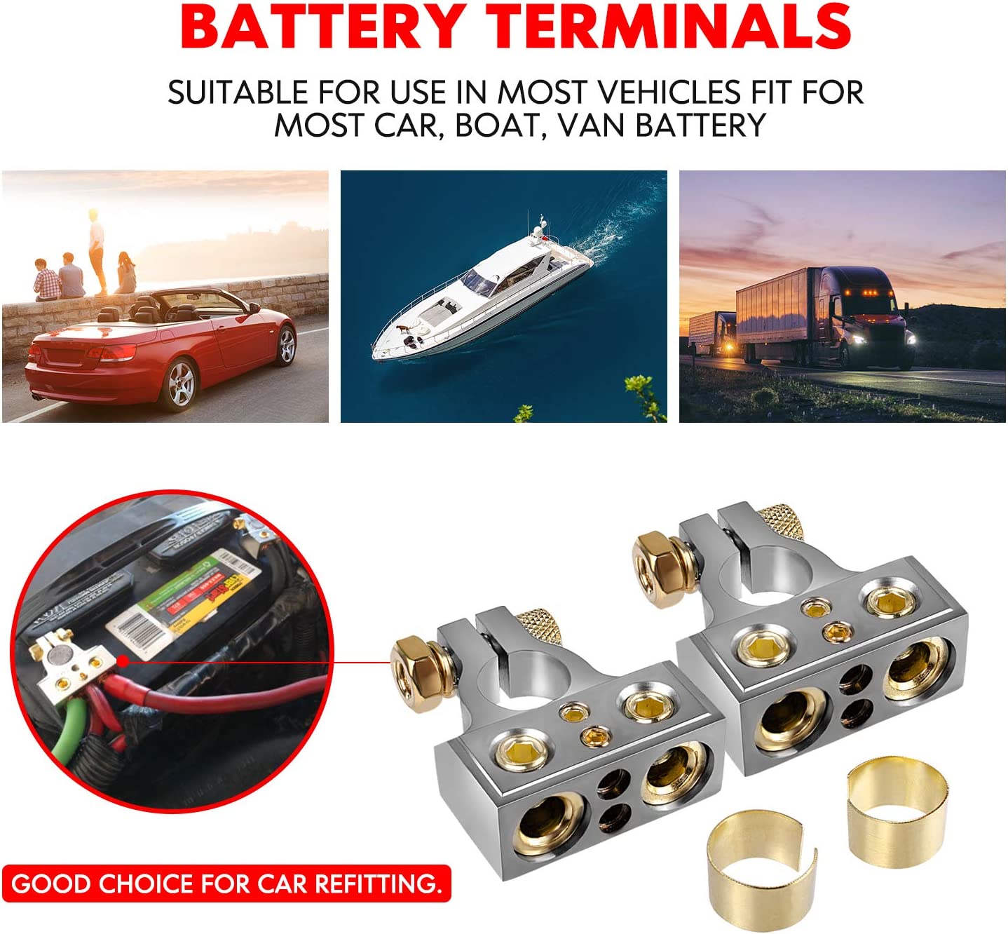 

1 пара набору клемних роз’ємів автомобільного акумулятора 2/4/8/10 AWG Автоматичний аудіо Позитивний мінусовий клемний зажим акумулятора з прозорими кришками Прокладки