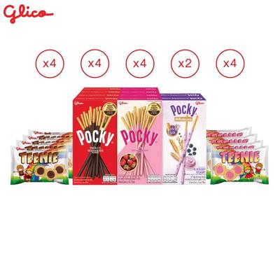 Glico Chocoberry, Teenie Chocolate & Pocky Chocolate & Pocky Strawberry & Pocky Blueberry Yoghurt & Teenie Strawberry, Total 18 Pcs - Thai Snack