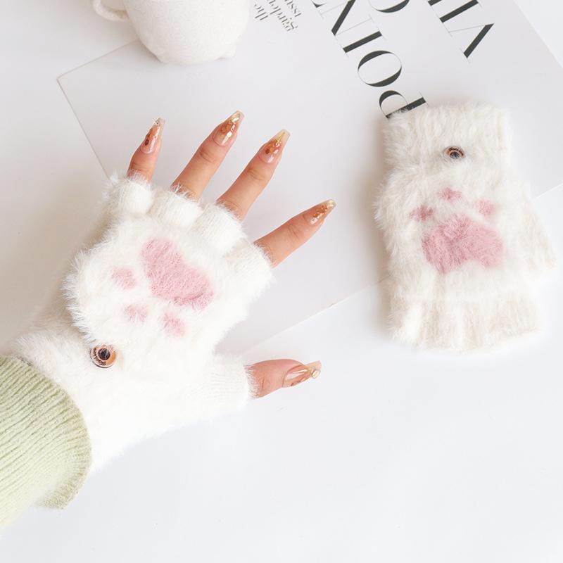 Winter Cute Cartoon Cat Paw Gloves Wholesale Warm Fleece Lined Thick Flip Cover Gloves Student Half Finger Knitted Gloves