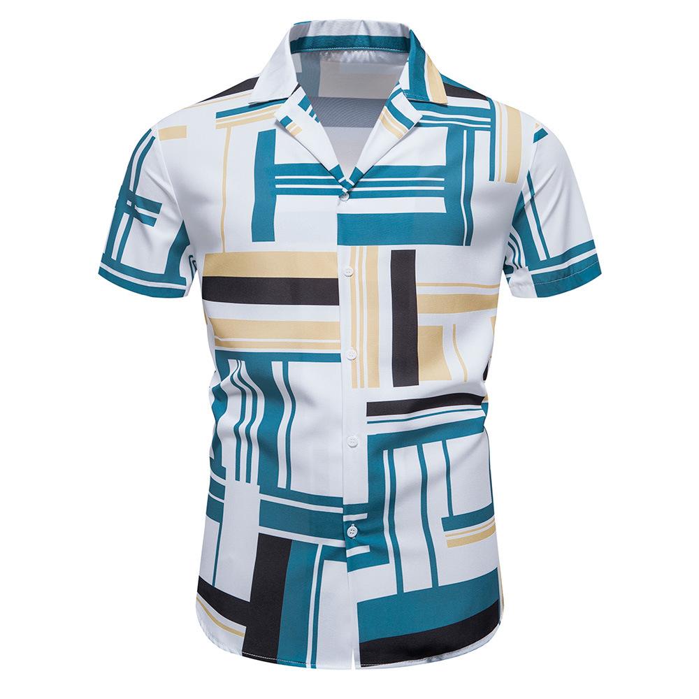 Summer New Men's Casual Short-sleeved Shirt Contrasting Print Hawaiian Style Lapel Top Short-sleeved