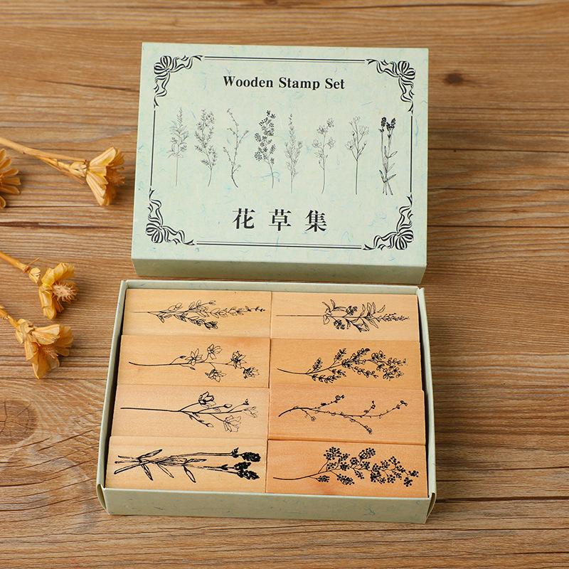 Exquisite Wooden Flowers and Plants Set Seals and Creative Fresh Plants for DIY Handbooks Diary Photo Album Decoration
