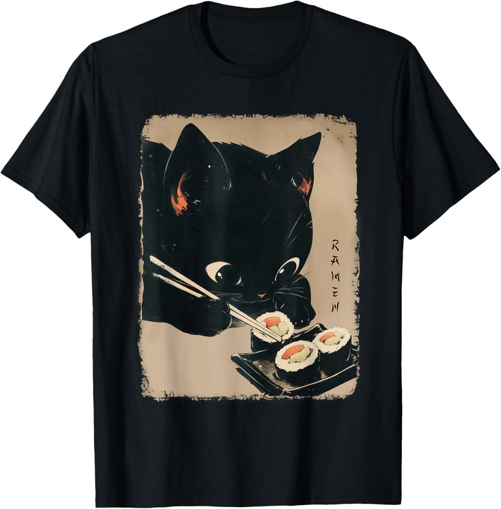 Black Cat Eating Sushi Ramen Japanese Art T-shirt