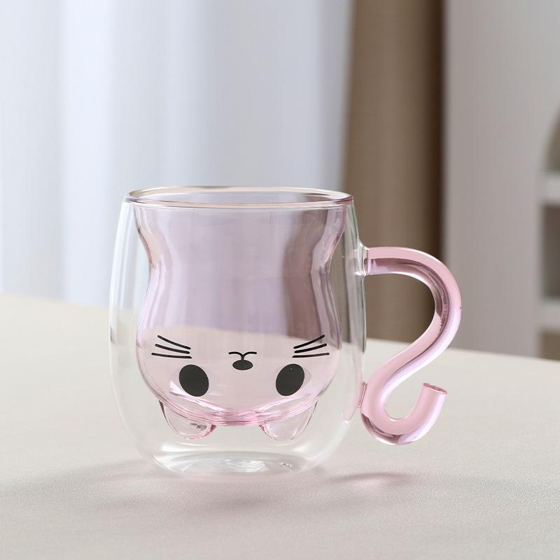 Kreativer Cartoon-Katzen-Doppelbecher für den Haushalt, große Kapazität, Trinkbecher mit Griff, transparent, hochtemperaturbeständiges Glas, Kaffeetasse
