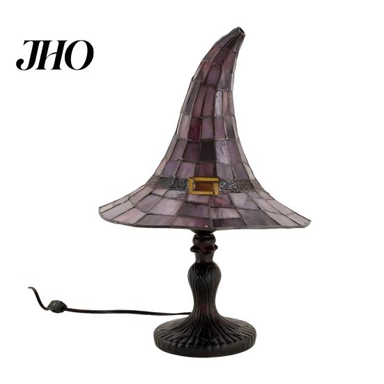 Bedside Atmosphere Lamp Stained Glass Witch Hat Lamp, USB Powered Resin Night Light, Gothic Warm Ambient Lighting Halloween Table for Bedroom