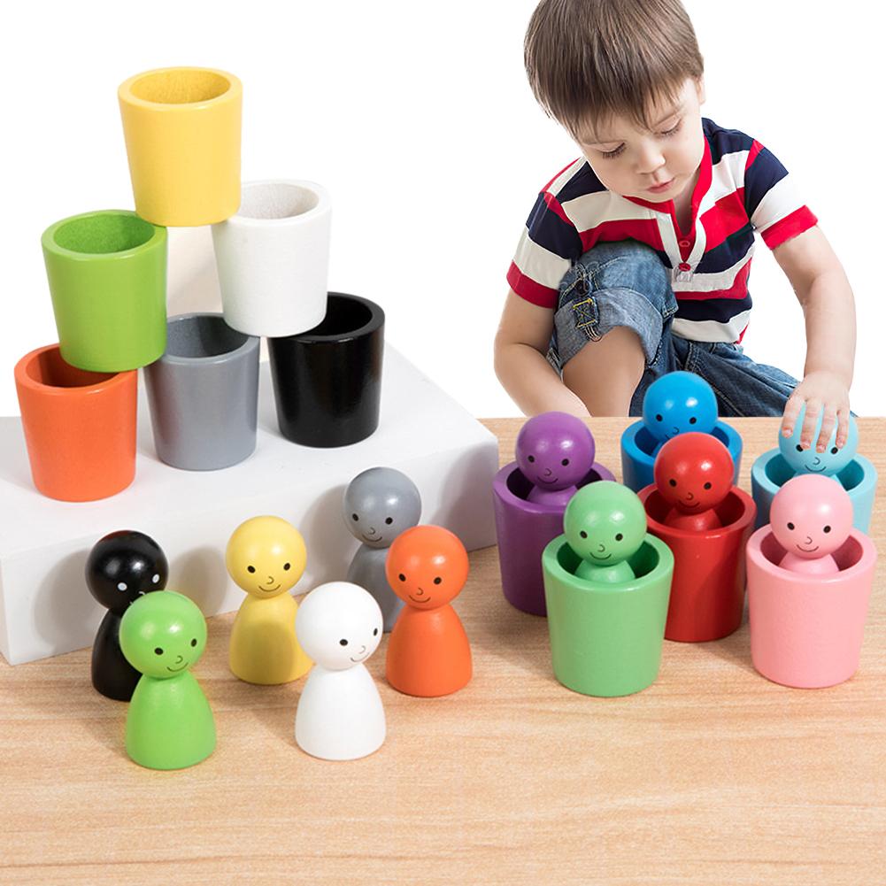 12Pcs Wooden Color Classification Cups Interactive Dolls In Cups Stackable Color Sorting Cups for Intelligence Development