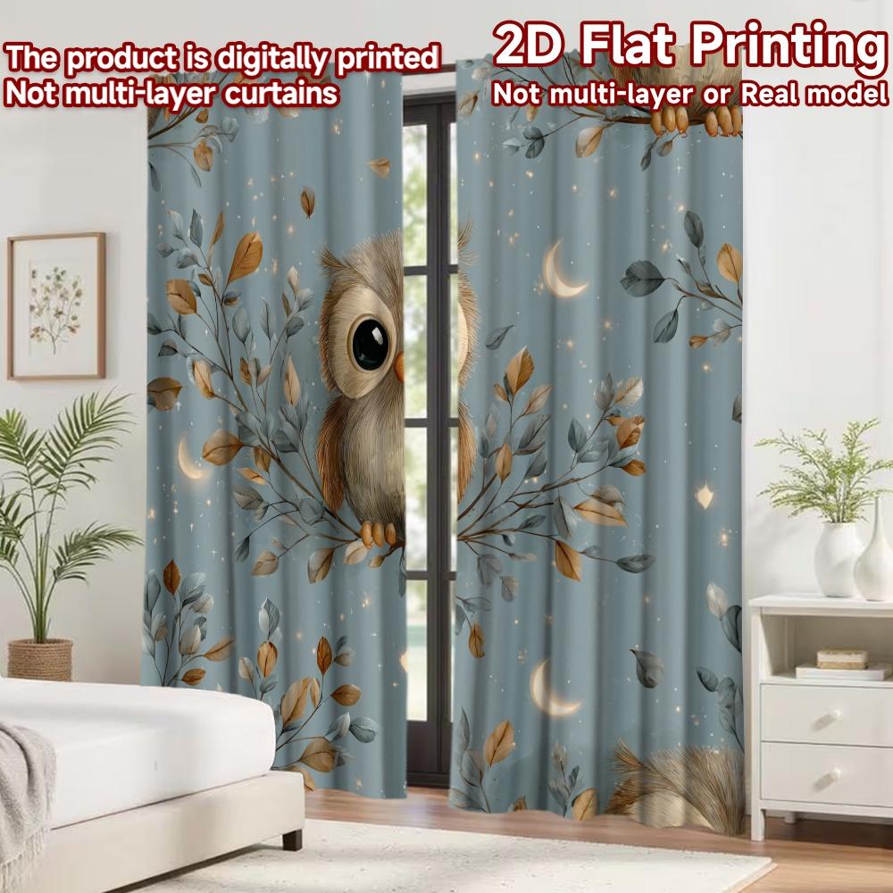 2D flat printing 2pcs Curtain Curtain Moonlit Owl on Branch Digital Printed Polyester Drapes Birthday Party Perfect for Yard &