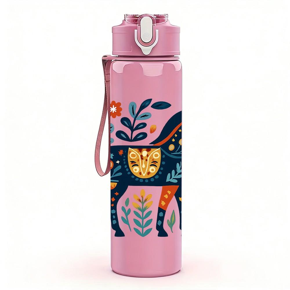 1PC Folk Decorated Blue Horse 750ml Color Plastic Sports Water Bottle Leakproof Flip Straw Lid Suitable for Sports Office Home Use